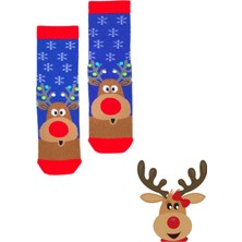 Bonapart Özel Koleksiyon Unisex Yılbaşı Noel Merry Christmas Happy Blue Deer Soket Çorap