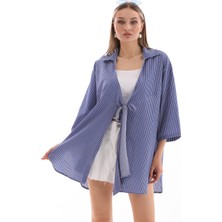 Reel Moda Kadın Önü Bağlamalı Geniş Kol Oversize Kalıp Gömlek Yaka Yazlık Kimono Gömlek