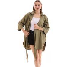 Reel Moda Kadın Önü Bağlamalı Geniş Kol Oversize Kalıp Gömlek Yaka Yazlık Kimono Gömlek