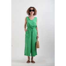 Zelish My Sister Yeşil Ön Arka V Yaka Geniş Paça Tulum