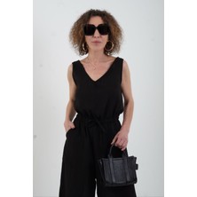 Zelish My Sister Siyah Ön Arka V Yaka Geniş Paça Tulum