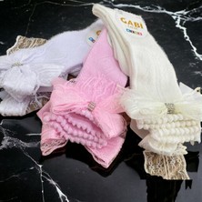 Shopiolog Fileli Kurdela Detaylı Kız Çocuk Diz Altı Pamuklu Çorap 3'lü Set Beyaz-Ekru-Pembe