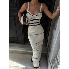 Hazelin Kadın Bej Askılı Yırtmaç Detaylı Ajurlu Yazlık Uzun Triko Elbise HZL24S-VL1240461