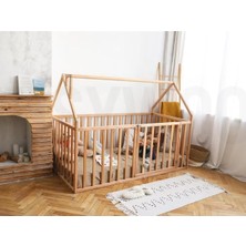 Oppipo 75  cm  Korkuluklu Ahşap Montessori Karyola - Masif Ahşap Karyola - Opmont05-75