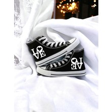 Unisex Günlük Keten Rahat Bilekli Siyah Uzun Convers Love Baskılı Sneaker Spor Ayakkabı