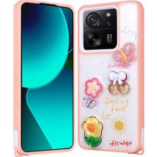 Megafox Teknoloji Xiaomi Mi 13T Uyumlu Kılıf Parlayan Sıvılı Simli Kabartma Figürlü Cevze Kapak, Pembe