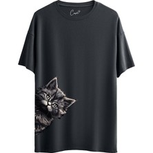 Çapıt  Pamuklu Kedi Baskılı Füme Kısa Kollu Oversize Tişört