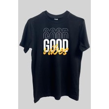 Çapıt  Pamuk Standart Kesim Sıfır Yaka Kısa Kollu Good Vibes Baskılı Siyah Tişört