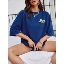 Woodroffe Kadın Cep Çiçek Baskılı Bisiklet Yaka Salaş Oversize Boyfriend Kırmızı, Saks, Lila T-Shirt