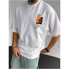 Woodroffe Erkek Beach Baskılı Bisiklet Yaka Salaş Oversize Boyfriend Beyaz, Mavi, Siyahi Kahverengi T-Shirt