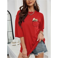 Woodroffe Kadın Cep Çiçek Baskılı Bisiklet Yaka Salaş Oversize Boyfriend Kırmızı, Saks, Lila T-Shirt