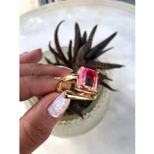 Gözde Tasarım Butik Kadın Yağ Yeşili Rengi Pembe Baget Taşlı Pirinç Yüzük