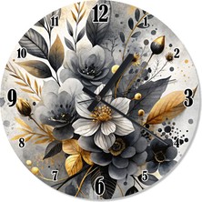 Karizma Tablo Çiçekler ve Altın Sarısı Yapraklar Şekilli Duvar Saati