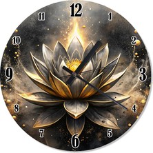 Ekart Lotus Çiçeği ve Altın Sarısı Boyalar Desenli Duvar Saati