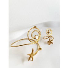 Özel Tasarım Altın Kaplama Deniz Yıldızı Spiral Detaylı Ayarlanabilir El Yapımı Bileklik ve Yüzük Seti