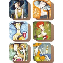 Major Selection Kafedeki Kadınlar Eugene Ivanov Sanatsal Çizimi Retro 6lı Ahşap Bardak Altlığı Eti
