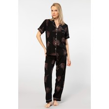 Türen 3604 Kadın Kısa Kollu Dokuma Gömlek Pijama Takım-Siyah