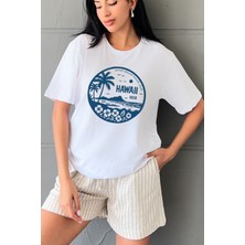 Blah Hawaii Baskılı Yapay Zeka Tasarımı Ekolojik Penye Oversize %100 Pamuk Kadın T-Shirt