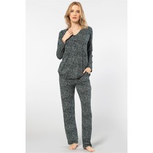 Türen 3382 Kadın Çiçekli Uzun Kollu Patlı Pijama Takımı-Yeşil