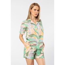 Türen 3605 Kadın Kısa Kollu Şortlu Gömlek Pijama Takım-Yeşil