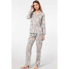 Türen 3394 Kadın Yapraklı Desenli Uzun Kollu Gömlek Yaka Pijama Takımı-Gri