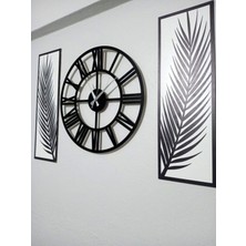 Wooden Factory Siyah Beyaz, 3 Parçalı Palmiye ve Saat Duvar Dekor Seti