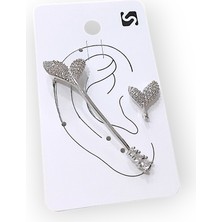 Cesicey Earcuff Çelik Zirkon Taşlı Balina Kuyruğu Gümüş Renk Kıkırdak Küpe+Küpe