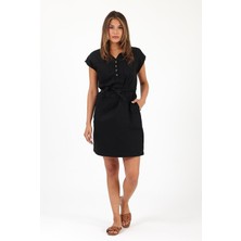 Vena Kadın Riva Siyah Önü Düğmeli Regular Fit Gabardin Elbise