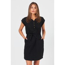 Vena Kadın Riva Siyah Önü Düğmeli Regular Fit Gabardin Elbise