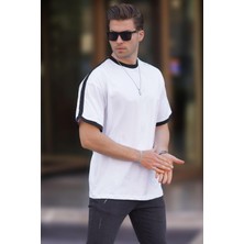 Madmext Erkek Beyaz Oversize Şerit Detaylı Basic Tişört 7023