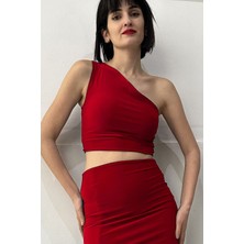 Due Stelle Kadın Tek Omuz Crop Bluz Kırmızı