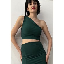 Due Stelle Kadın Tek Omuz Crop Bluz Yeşil