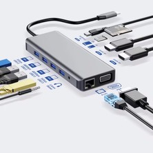 Foxyn FXN-12H USB Hub 3.0 4K Çift HDMI 1000MBPS Gigabit Ethernet VGA MacBook USB Sd Card Çevirici Adaptör