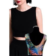 Due Stelle Çift Taraflı Kadın Sırt Dekolteli Desenli Crop Bluz Siyah - Soyut