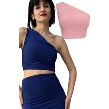 Due Stelle Çift Taraflı Kadın Tek Omuz Crop Bluz Mavi - Pudra