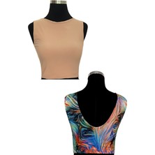 Due Stelle Çift Taraflı Kadın Sırt Dekolteli Desenli Crop Bluz Soyut - Bej