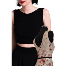 Due Stelle Çift Taraflı Kadın Sırt Dekolteli Desenli Crop Bluz Siyah - Çiçekli Bej