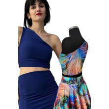 Due Stelle Çift Taraflı Kadın Tek Omuz Desenli Crop Bluz Mavi - Soyut