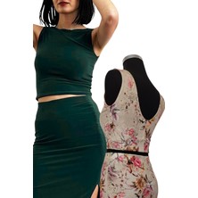 Due Stelle Çift Taraflı Kadın Sırt Dekolteli Desenli Crop Bluz Yeşil - Çiçekli Bej