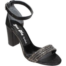 Yaz Kış Ayakkabı Yazkış Kadın Gümüş Siyah Taşlı Tek Bant 7cm Kalın Topuk Abiye Ayakkabı