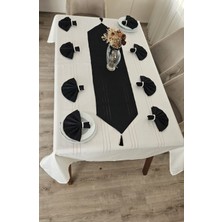 Zesa Home Colber Çizgi Detaylı Masa Örtüsü (Krem-Siyah) 8 Kişilik 18 Parça - Masa 160X180...160X350