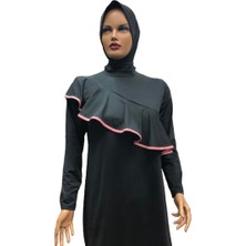 Eflin Kadın Giyim Büyük Beden Siyah Valonlu Kirmizi Biyeli Tam Kapalı Tesettür Mayo Buyuk Beden