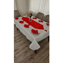 Zesa Home Colber Çizgi Detaylı Masa Örtüsü (Krem-Kırmızı) 12 Kişilik 26 Parça - Masa 160X220...160X400