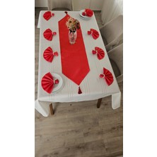 Zesa Home Colber Çizgi Detaylı Masa Örtüsü (Krem-Kırmızı) 12 Kişilik 26 Parça - Masa 160X220...160X400