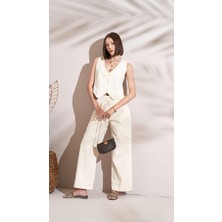 Tena Kadın Naturel Önü Çift Pileli Palazzo Balıksırtı Gabardin Kumaş Pantolon