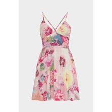 Açelya Okcu Askılı Gipe Detaylı Cut Out Çiçek Desenli Mini Kadın Elbise