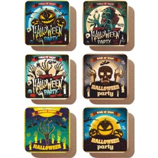 Major Selection Halloween Cadılar Bayramı Temalı 6lı Retro Ahşap Bardak Altlığı Seti