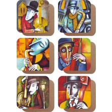 Major Selection Müzisyenler Illüstrasyonu 6lı Retro Ahşap Bardak Altlığı Seti-1