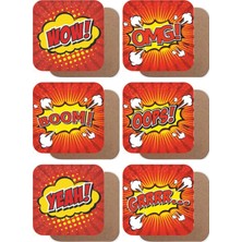 Major Selection Pop Art Wow Omg Boom Ops Yeah Grrr 6lı Ahşap Bardak Altlığı Seti