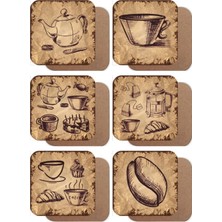 Major Selection Eskitilmiş Retro Vintage Tarzda Kahve Çizimli 6lı Ahşap Bardak Altlığı Seti